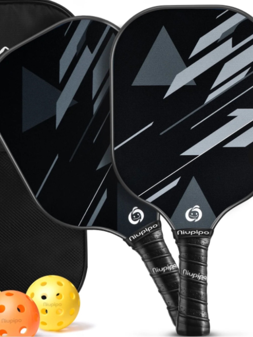 NIUPIPO Fiberglass Black & Gray Pickleball Paddles Set of 2 PLUS 2 balls, NWT